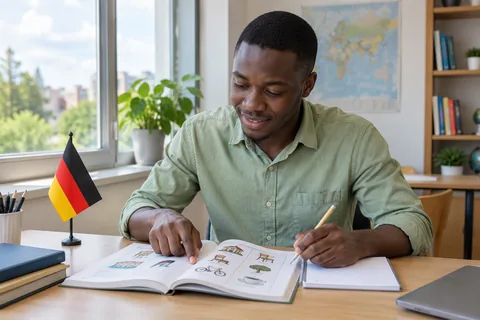 Illustration : exercices d’allemand sur un cahier, avec un petit drapeau allemand.