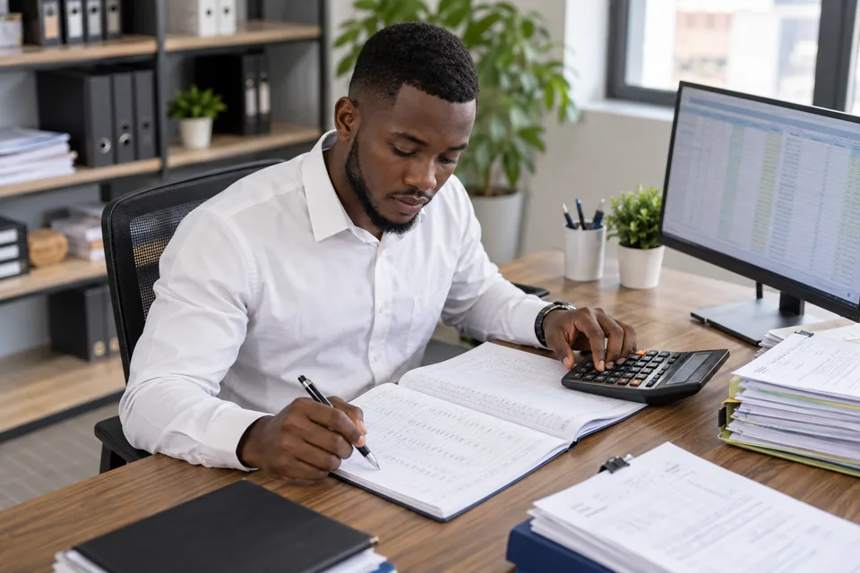 Illustration : contrôle de documents comptables à l’aide d’une calculatrice.