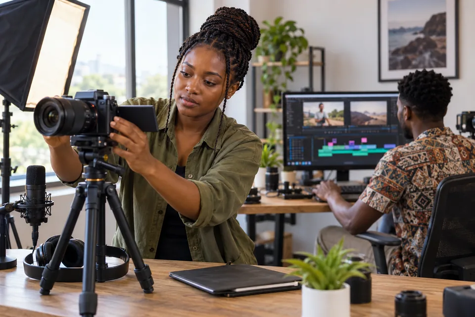 Illustration : préparation d’une caméra sur trépied et montage vidéo sur ordinateur.