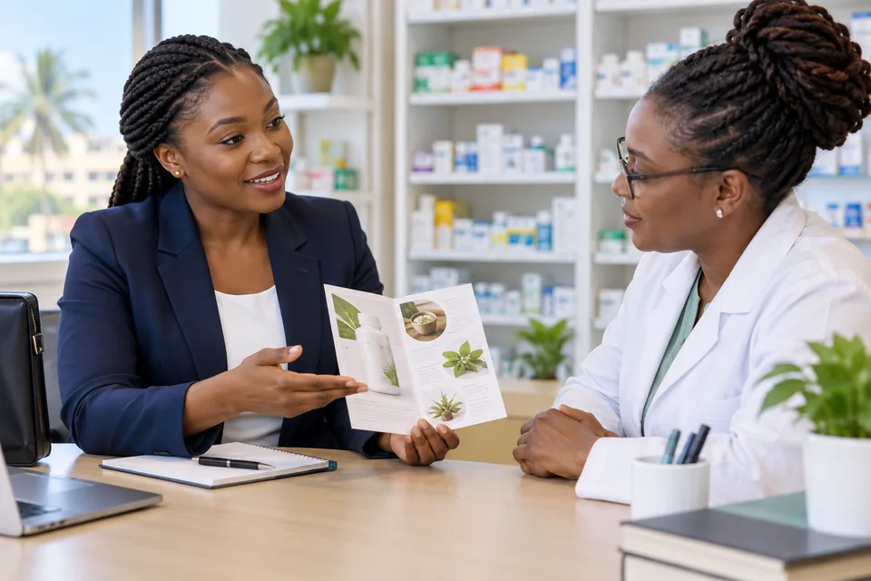 Illustration : présentation d’un document sur des produits à une interlocutrice en pharmacie.