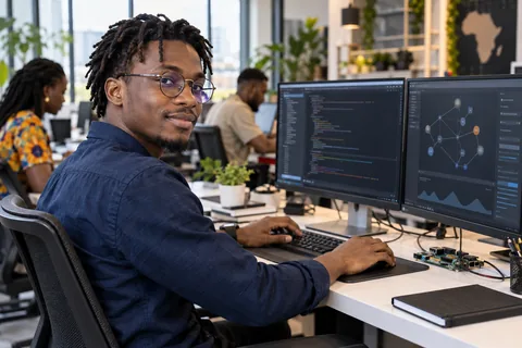Illustration : travail de programmation devant deux écrans dans un espace informatique.