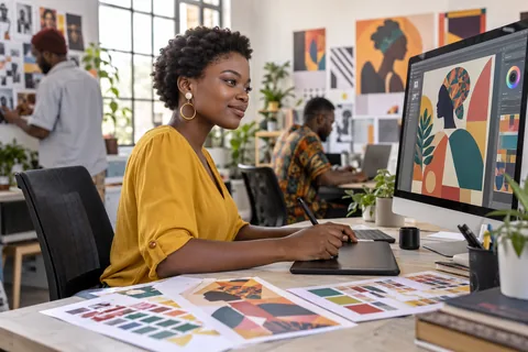 Illustration : création graphique sur écran et tablette avec des nuanciers.