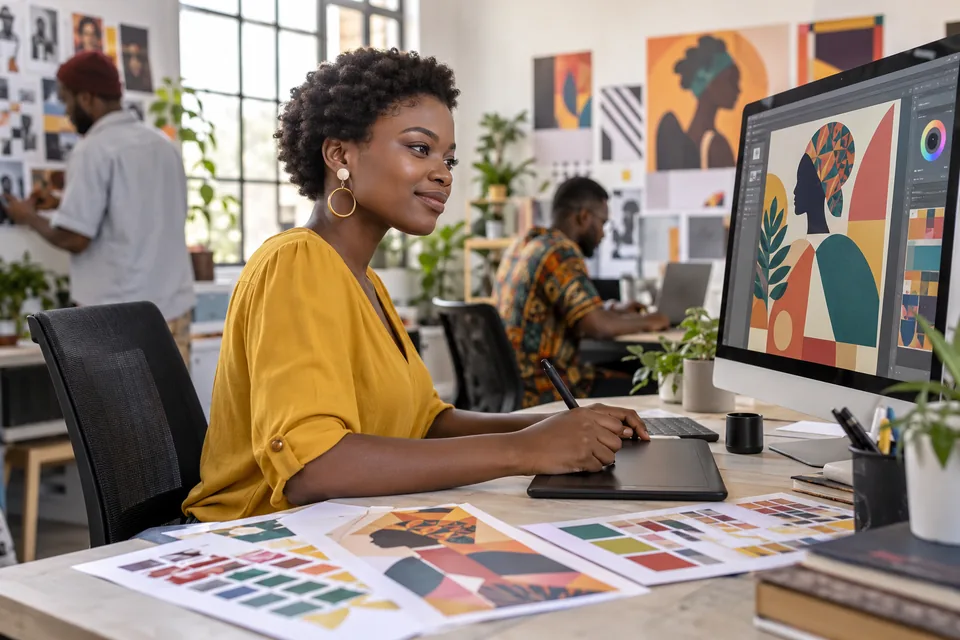 Illustration : création graphique sur écran et tablette avec des nuanciers.