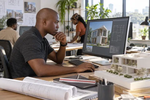 Illustration : conception d’une maquette de bâtiment sur écran, avec plans sur le bureau.