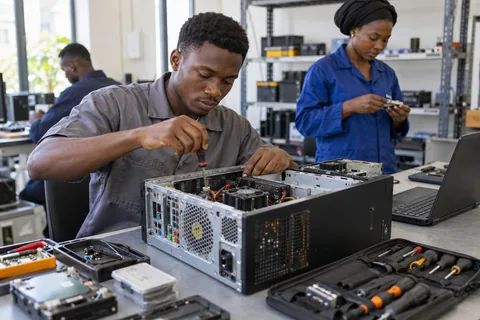 Illustration : intervention sur une unité centrale ouverte dans un atelier informatique.