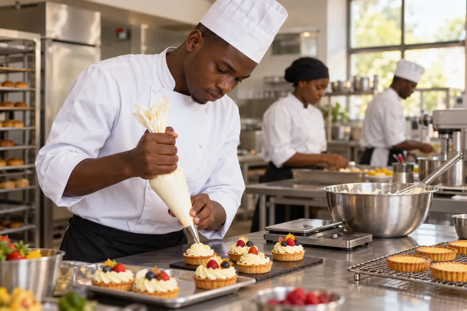 Illustration : décoration de pâtisseries à la poche dans un atelier de cuisine.